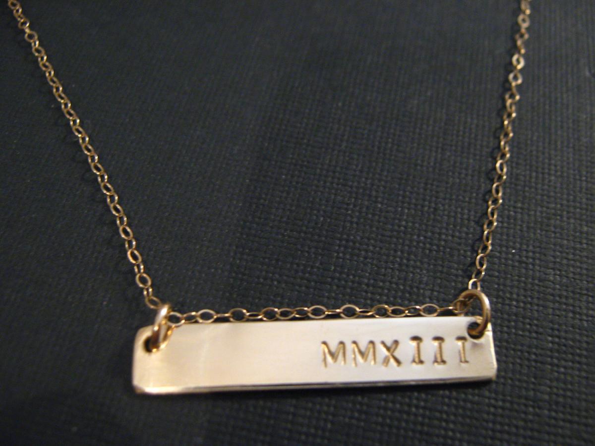 Gold Bar Necklace, Roman Numerals Necklace, Roman Numbers, Long Bar Name Necklace, Personalized Necklace